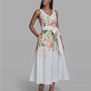 Karl Lagerfield Paris White Floral A-Line Midi Dress with Waist Tie